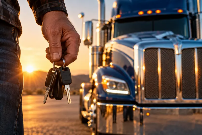 A trucker holding the keys in front of a blue semi-truck at sunrise